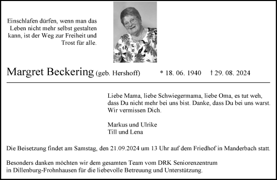 Traueranzeige von Margret Beckering von Dill Block