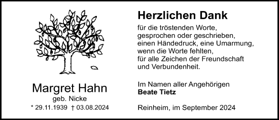 Traueranzeige von Margret Hahn von Odenwälder Echo