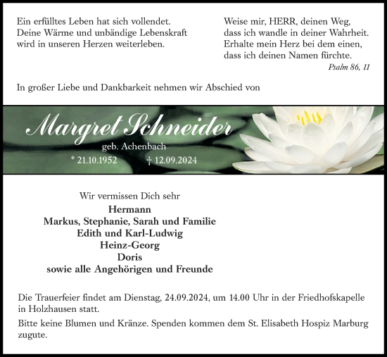 Traueranzeige von Margret Schneider von Hinterländer Anzeiger