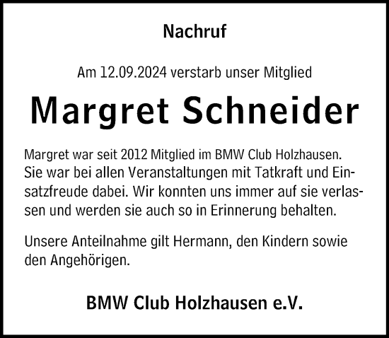 Traueranzeige von Margret Schneider von Hinterländer Anzeiger