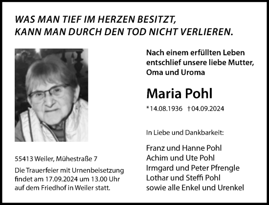 Traueranzeige von Maria Pohl von Allgemeine Zeitung Rheinhessen-Nahe