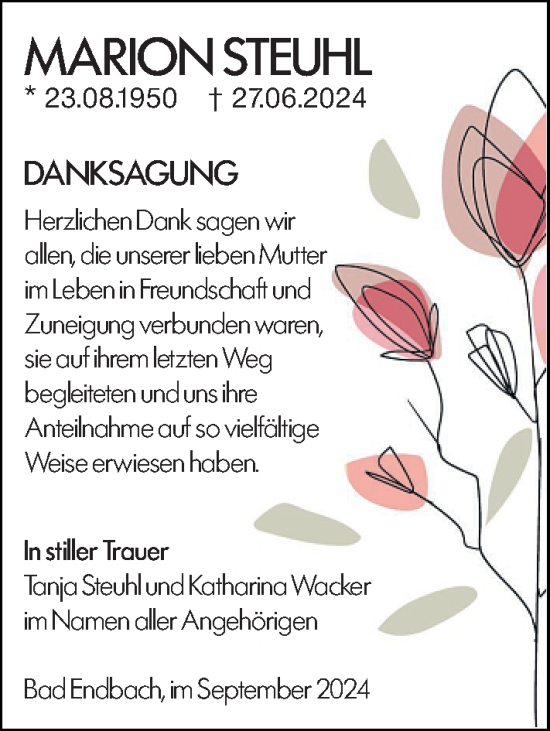 Traueranzeige von Marion Steuhl von Hinterländer Anzeiger
