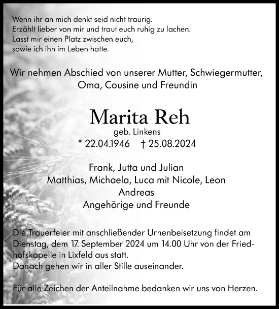 Traueranzeige von Marita Reh von Hinterländer Anzeiger