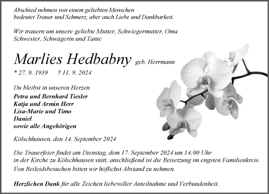 Traueranzeige von Marlies Hedbabny von Wetzlarer Neue Zeitung