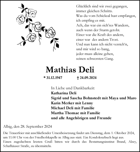 Traueranzeige von Mathias Deli von Allgemeine Zeitung Alzey