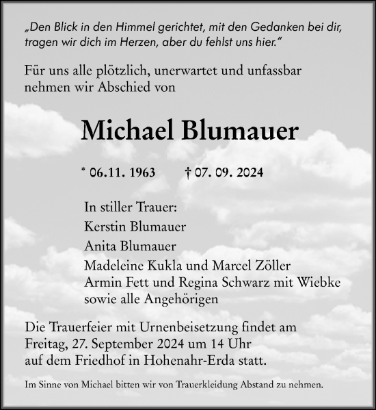 Traueranzeige von Michael Blumauer von Wetzlarer Neue Zeitung