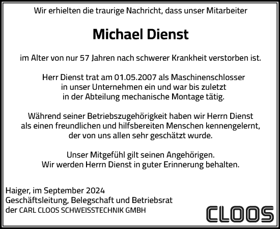 Traueranzeige von Michael Dienst von Dill Block