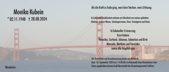 Traueranzeige von Monika Kubein von Allgemeine Zeitung Alzey