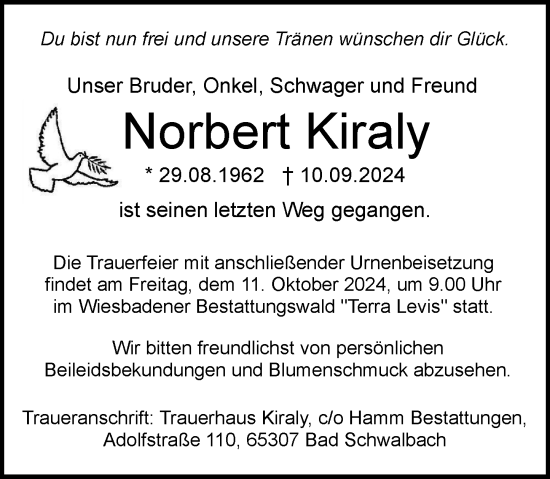 Traueranzeige von Norbert Kiraly von Wiesbadener Kurier