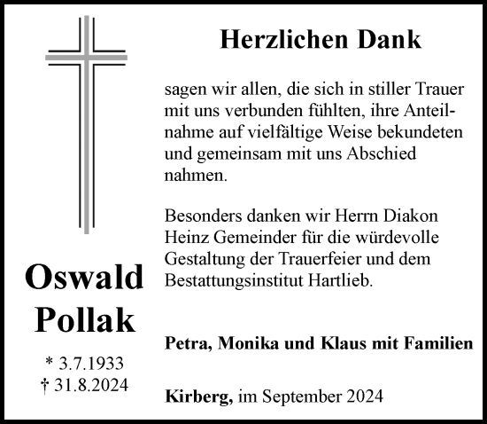 Traueranzeige von Oswald Pollak von Camberger Anzeiger