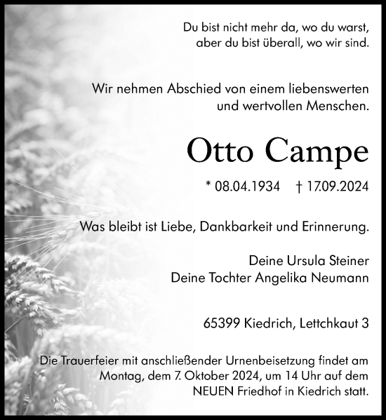 Traueranzeige von Otto Campe von Wiesbadener Kurier