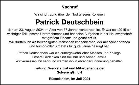 Traueranzeige von Patrick Deutschbein von Rüsselsheimer Echo
