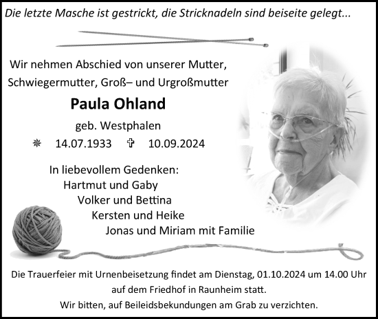 Traueranzeige von Paula Ohland von Rüsselsheimer Echo
