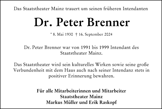 Traueranzeige von Peter Brenner von Allgemeine Zeitung Mainz