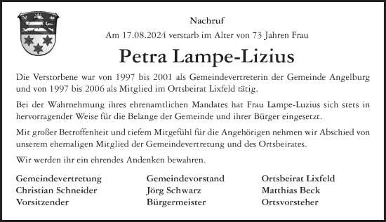 Traueranzeige von Petra Lampe-Lizius von Hinterländer Anzeiger