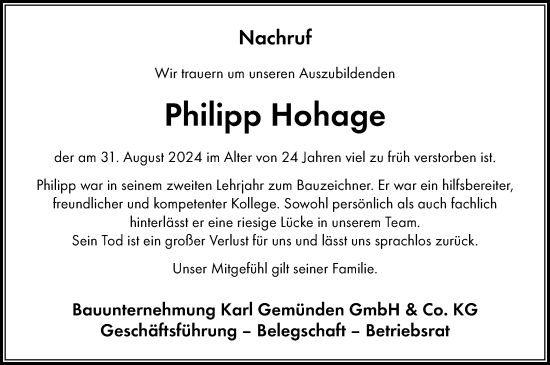 Traueranzeige von Philipp Hohage von Allgemeine Zeitung Rheinhessen-Nahe