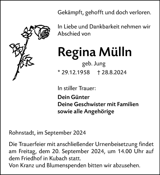 Traueranzeige von Regina Mülln von Weilburger Tageblatt