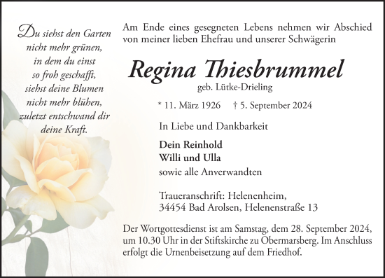 Traueranzeige von Regina Thiesbrummel von Dill Block