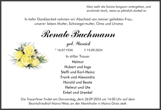Traueranzeige von Renate Buchmann von Allgemeine Zeitung Mainz