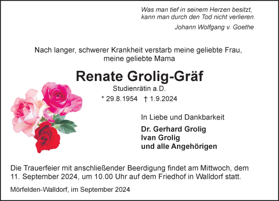 Traueranzeige von Renate Grolig-Gräf von Wiesbadener Kurier