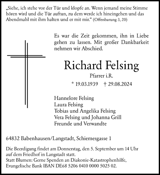 Traueranzeige von Richard Felsing von Darmstädter Echo
