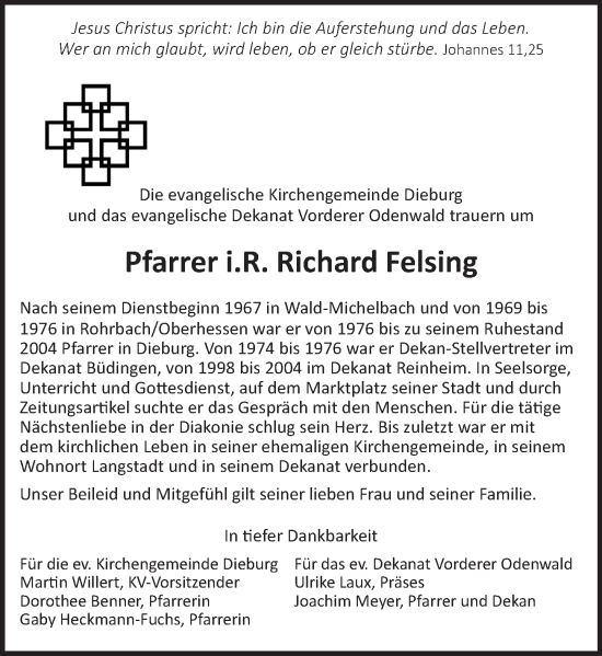 Traueranzeige von Richard Felsing von Dieburger Anzeiger/Groß-Zimmerner Lokal-Anzeiger