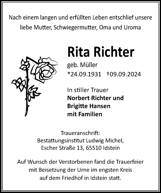 Traueranzeige von Rita Richter von Idsteiner Land/Untertaunus