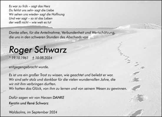 Traueranzeige von Roger Schwarz von Weilburger Tageblatt