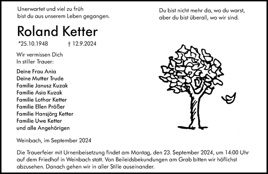 Traueranzeige von Roland Ketter von Weilburger Tageblatt
