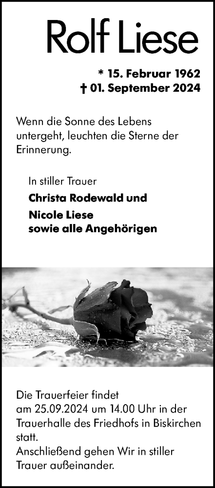 Traueranzeige von Rolf Liese von Wetzlarer Neue Zeitung