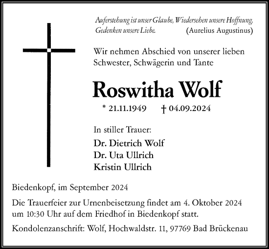 Traueranzeige von Roswitha Wolf von Hinterländer Anzeiger