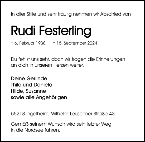 Traueranzeige von Rudi Festerling von Allgemeine Zeitung Rheinhessen-Nahe