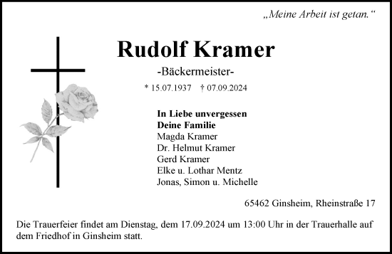 Traueranzeige von Rudolf Kramer von Allgemeine Zeitung Mainz
