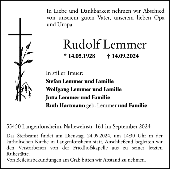 Traueranzeige von Rudolf Lemmer von Allgemeine Zeitung Rheinhessen-Nahe