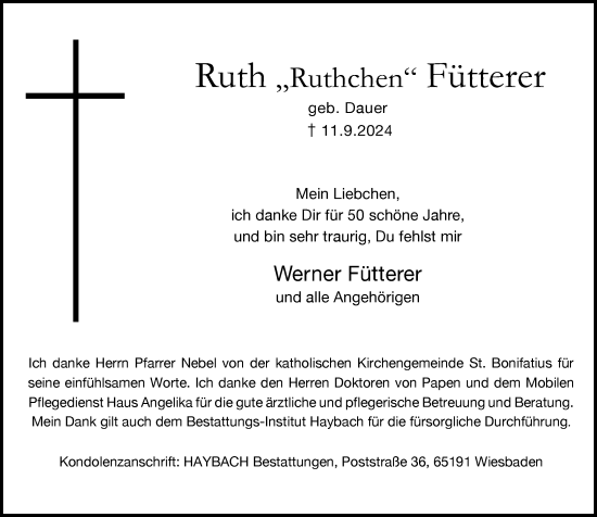 Traueranzeige von Ruth Fütterer von Wiesbadener Kurier