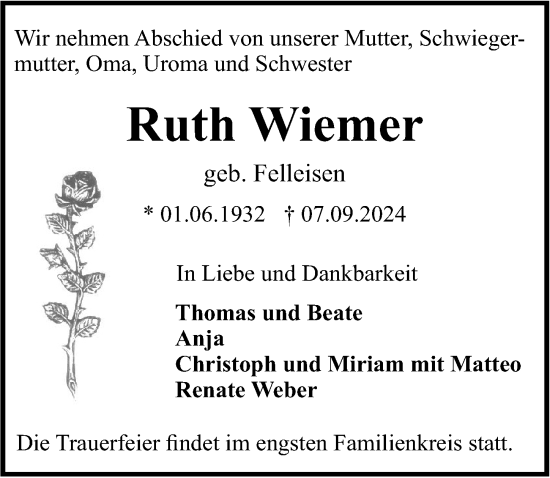 Traueranzeige von Ruth Wiemer von Darmstädter Echo