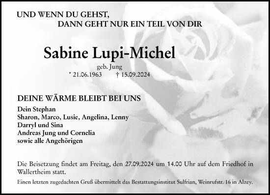 Traueranzeige von Sabine Lupi-Michel von Allgemeine Zeitung Alzey