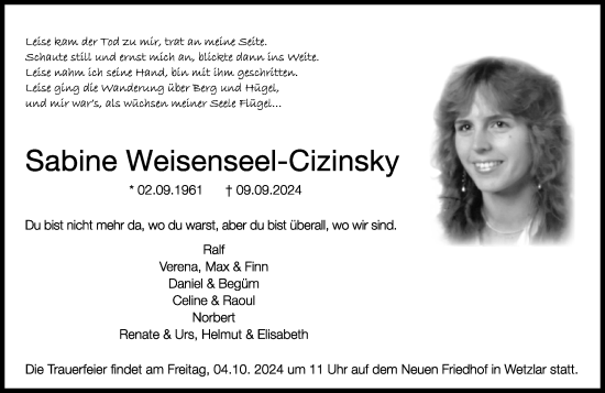 Traueranzeige von Sabine Weisenseel-Cizinsky von Wetzlarer Neue Zeitung