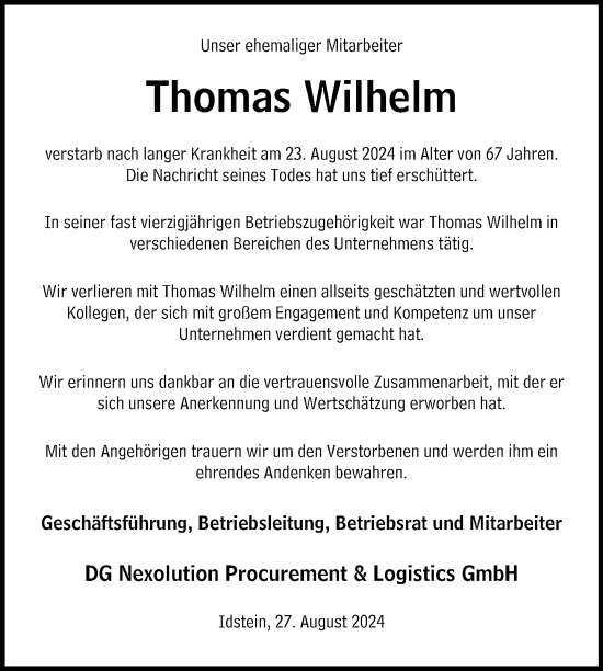 Traueranzeige von Thomas Wilhelm von Wiesbadener Kurier