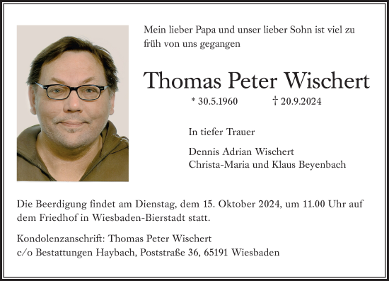 Traueranzeige von Thomas  Wischert von Wiesbadener Kurier
