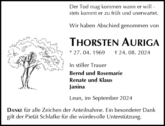 Traueranzeige von Thorsten Auriga von Wetzlarer Neue Zeitung