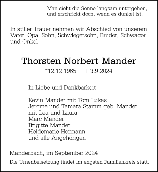 Traueranzeige von Thorsten Norbert Mander von Dill Block