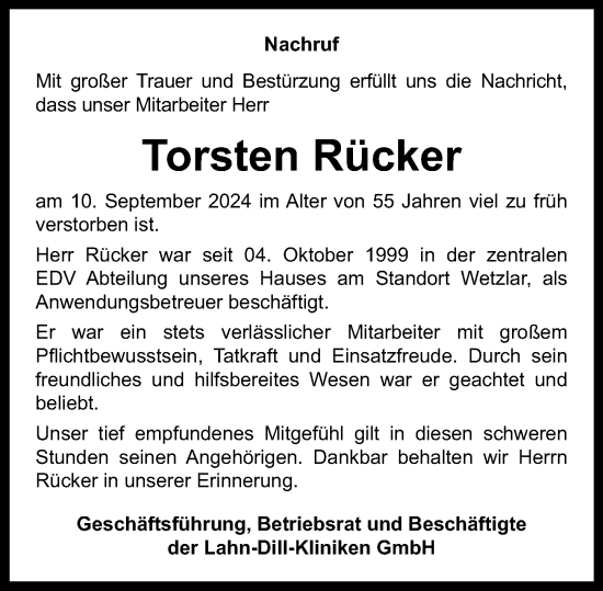 Traueranzeige von Torsten Rücker von Wetzlarer Neue Zeitung