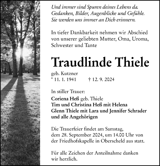 Traueranzeige von Traudlinde Thiele von Dill Block