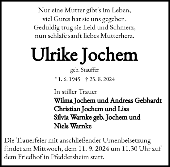 Traueranzeige von Ulrike Jochem von Wormser Zeitung