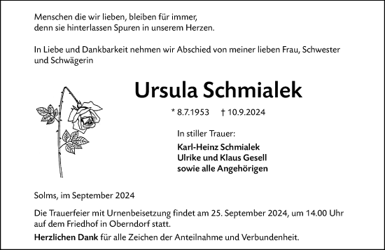 Traueranzeige von Ursula Schmialek von Wetzlarer Neue Zeitung