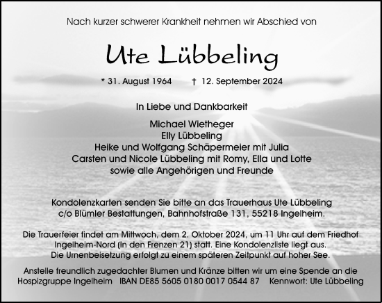 Traueranzeige von Ute Lübbeling von Allgemeine Zeitung Rheinhessen-Nahe