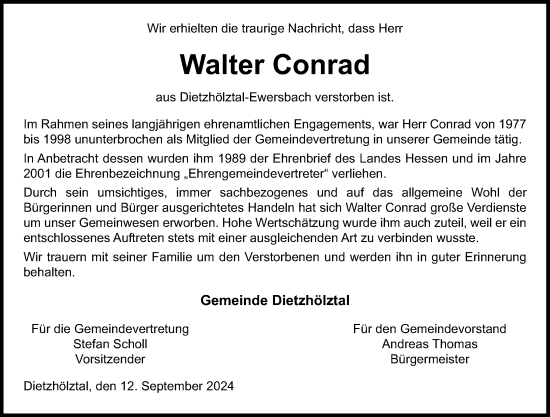 Traueranzeige von Walter Conrad von Dill Block