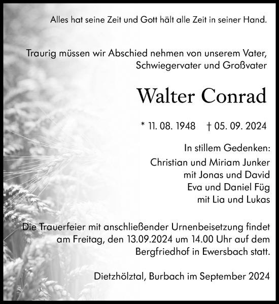Traueranzeige von Walter Conrad von Dill Block