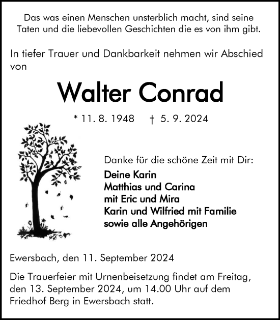 Traueranzeige von Walter Conrad von Dill Block